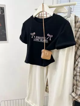 Y2K милый уличный топ для девочек с буквенным принтом и бантом, женская летняя повседневная футболка с коротким рукавом и круглым вырезом, Однотонная футболка 2024