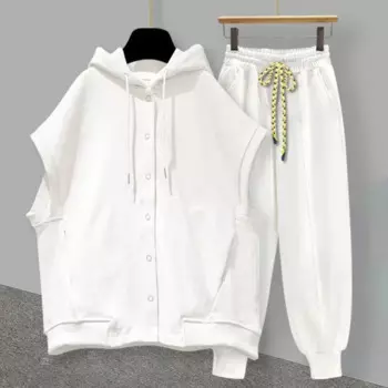 Y2k Мужской комплект Instagram Модный пуловер с капюшоном без рукавов жилет осень лоскутный свободный красивый повседневный брюки мужской спортивный костюм унисекс 2024