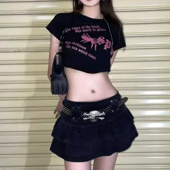 Y2K Уличная одежда Harajuku Женская джинсовая юбка с поясом с черепом Мини-юбки Готический панк Мода с низкой талией и оборками Джинсовая юбка с шортами