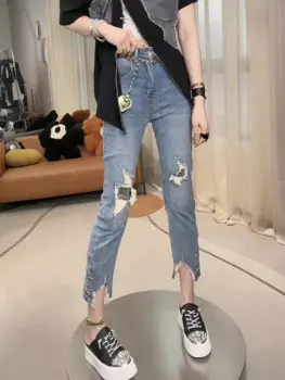 Y2k Женские джинсы Осень Новые женские эластичные джинсы с высокой талией Женские брюки Большой размер Свободный вид Тонкие дымчатые брюки-дудочки Женские