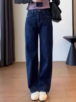 Y2k женские джинсы с фигуркой темно-синие прямые джинсы женская модель Осенние новые стройнящие Стрейчевые длинные брюки с широкими штанинами
