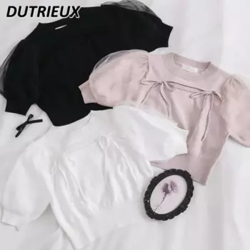 Японская милая и милая однотонная вязаная футболка с коротким рукавом и круглым вырезом