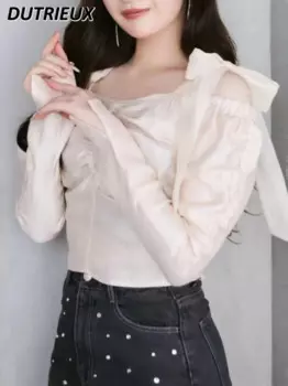 Японская милая и Пряная суперяркая Блестящая футболка с открытыми плечами на шнуровке однотонная Универсальная футболка с длинными рукавами