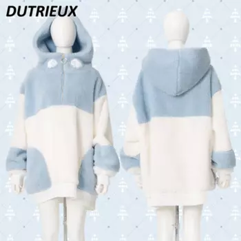 Японская милая женская толстовка, пальто Harajuku Mine, акварельная система, ангельский мир, плюшевые толстовки с капюшоном и крыльями из овечьей шерсти, куртка