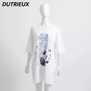 Японская серия Harajuku Mine, белая футболка с рисунком ангела для девочек, топ с круглым вырезом и короткими рукавами, летняя футболка большого размера