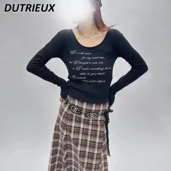 Японская трендовая Новинка, американский милый и пряный чистый Топ с вышитыми буквами и бантом, облегающая футболка с длинными рукавами