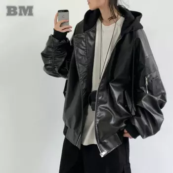 Японская винтажная мотоциклетная кожаная куртка мужская уличная одежда высокого качества черная куртка-бомбер с капюшоном Harajuku повседневное пальто мужское