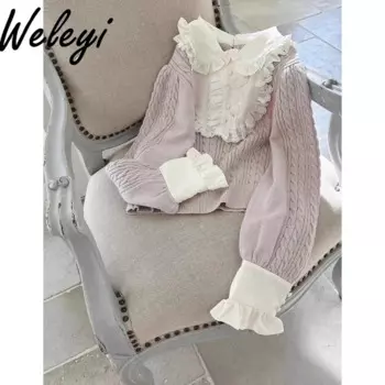 Японская вязаная рубашка Landmine Sweet Girl, женская осень 2024, новый элегантный кружевной вязаный свитер с длинными рукавами и рюшами, женский