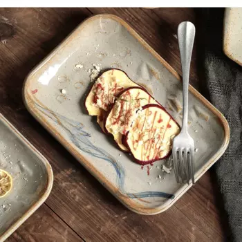 Японские керамические тарелки для суши, обеденная тарелка для отеля, прямоугольная трапециевидная посуда, коммерческая ретро-фруктовая рыба, домашняя посуда