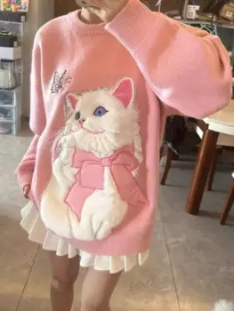 Японские милые дизайнерские женские свитера Kawaii с котом, модные Универсальные эстетические пуловеры Y2k, милые свободные повседневные женские свитера в стиле преппи