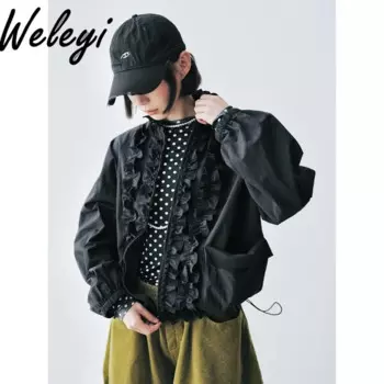 Японские милые куртки для женщин 2024, весенне-осенние универсальные кружевные слегка морщинистые тонкие кардиганы на молнии с длинными рукавами, топы