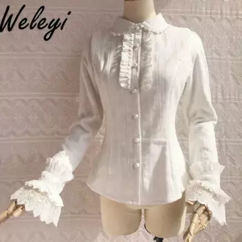 Японские рубашки с рюшами в стиле Лолиты для девочек Jirai Kei, весенне-осенний новый милый кружевной жаккардовый топ с длинными рукавами, белая блузка Feminina