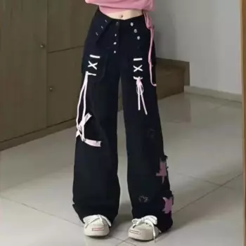 Японские женские джинсы с откидными ремнями и нашивками со звездами, прямые джинсовые брюки для девочек, винтажные брюки в уличном стиле, брюки с высокой талией