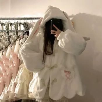 Японский Белый кавайный плюшевый свитшот, куртка, повседневные теплые толстовки с кроличьими ушками, женские свитшоты с милым бантом на осень и зиму, пальто