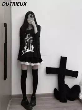 Японский оригинальный дизайн топы с длинным рукавом и круглым вырезом хлопковая Милая универсальная свободная черная футболка средней длины с принтом для девочек