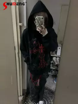Японский стиль Mine, субкультура, рок-панк, толстовки с капюшоном, топ с татуировкой и принтом, свободная повседневная черная толстовка на молнии с капюшоном, женская осень