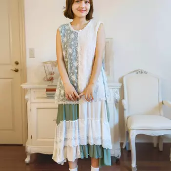 Японское милое кружевное платье Mori Girl, искусственное платье-майка из двух предметов, женское летнее асимметричное свободное платье миди без рукавов с круглым вырезом