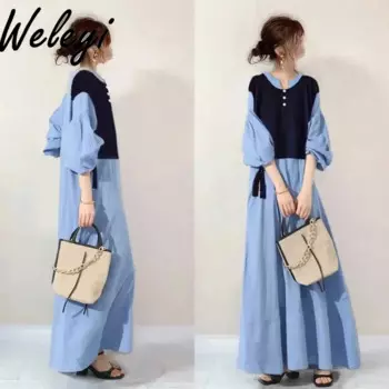 Японское женское синее длинное платье контрастного цвета с v-образным вырезом, осеннее милое платье выше колена, ложное двухсекционное лоскутное платье длиной до щиколотки