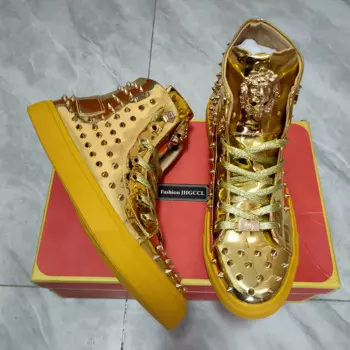 Яркие кожаные мужские кроссовки. Роскошная повседневная обувь. Высокие ботильоны с шипами. Zapatos Hombre.