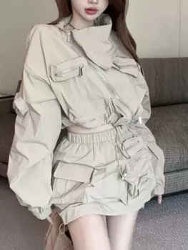 Яркий Женский костюм Spice Girl, Осеннее солнцезащитное пальто и юбка с высокой талией, Женский костюм с карманами на молнии