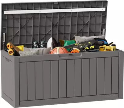 Ящик для хранения объемом 90 галлонов, водонепроницаемый контейнер из смолы для фотографий, садовые инструменты, игрушки для улицы, запираемый, устойчивый к ультрафиолетовому излучению, серый