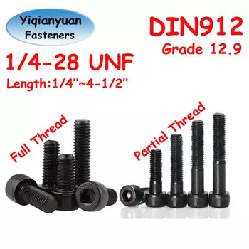 Yiqianyuan класс 12,9 UNF 1/4-28 из легированной стали с шестигранной головкой, болты с накатанной головкой, винты с шестигранной головкой, черные от 1/4 до 4-1/2 дюйма DIN912