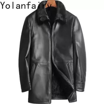YOLANFAIRY натуральная кожа овчина меховое пальто зимние длинные пальто отложной воротник верхняя одежда модная мужская куртка мужская повседневная