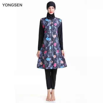 YONGSEN женский Мусульманский купальник с цветочным принтом, закрытый купальник, хиджаб, исламский ислам, Буркини, пляжная одежда, купальный костюм