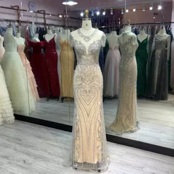 YQLNNE Роскошные Серебристые Вечерние платья из тюля, стразы, Обнаженная Подкладка русалки, вечернее платье с бусинами, пышное платье с рукавами-крылышками