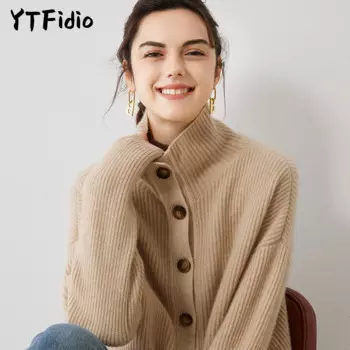 YTFidio 100%, кашемировый женский кардиган с шеей, теплый мягкий женский Однотонный пуловер для офиса, женские Топы 14