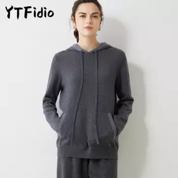 YTFidio 100% кашемировый женский утепленный кардиган на молнии с капюшоном с кулиской и карманами для девушек однотонные вязаные Топы Кардиган 50