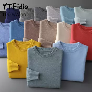 YTFidio 100% шерстяной свитер мужской с длинным рукавом О-образным вырезом Повседневный джемпер однотонный плотный вязаный пуловер Топы 124