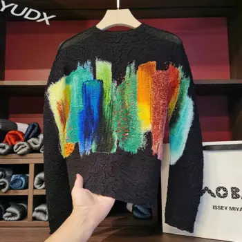YUDX Miyake плиссированная масляная живопись цветная блокировка круглый вырез с длинными рукавами весенне-летняя Стич женская одежда Графические футболки