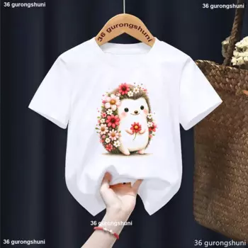 Забавная футболка с цветочным принтом ежика, футболка для девочек в стиле Харадзюку, милая детская одежда, летняя футболка с коротким рукавом