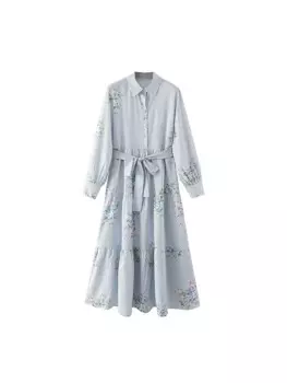 ZADATA 2023 Новое Женское Повседневное платье миди в полоску с цветочным принтом, Женский Свободный жилет с поясом и длинным рукавом