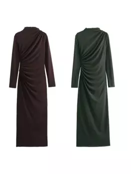 ZADATA Новое Женское модное простое однотонное повседневное плиссированное платье с длинными рукавами в стиле ретро