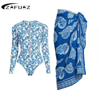 ZAFUAZ Слитные купальники с накидкой, купальники с длинным рукавом, женский купальный костюм, купальные костюмы, боди, серфинг, Синяя пляжная одежда