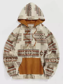 ZAFUL Мужской пуловер на молнии с цветными блоками и этническим геометрическим принтом, толстовка с капюшоном и карманом-кенгуру