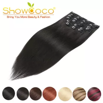 Заколка для волос ShowCoco, человеческие шелковистые прямые волосы, 100% натуральный Remy, комплект из 7 предметов, черные, светлые волосы на заколке
