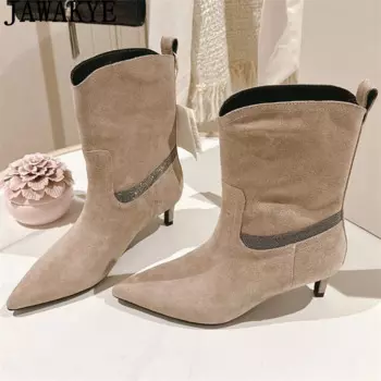 Замшевые Кожаные ботильоны с острым носком на каблуке с котятами женские осенние модельные короткие Ботинки Челси зимние модные недельные Ботинки женские