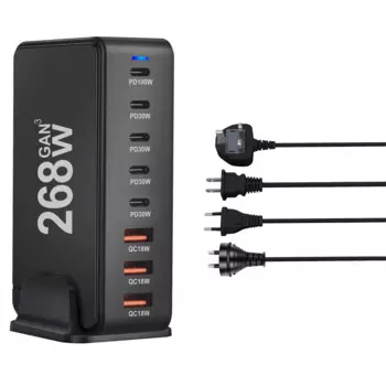 Зарядное устройство USB C, зарядная станция, 268 Вт, 8-портовый GaN PD 3,0, настенное зарядное устройство с кирпичной коробкой для iPhone 16 Pro Max iPad