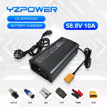 Зарядное устройство YZPOWER для литиевых аккумуляторов, 58,8 в, 10 А, 14 с, для быстрой зарядки 48 В, вспомогательное устройство для электрических инструментов с вентиляторами охлаждения с выходной вилкой