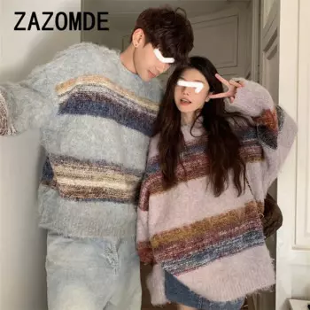 ZAZOMDE зимний градиентный свитер с длинным рукавом и круглым вырезом, свободный трикотаж, модный шикарный комфортный теплый пуловер для пар, свитер, одежда, топ