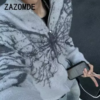 ZAZOMDE зимний винтажный кардиган на молнии с рисунком бабочки, мужской уличный кардиган Y2k, вязаный свитер большого размера, куртка, топы с длинными рукавами