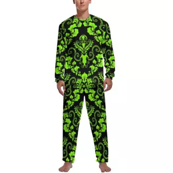 Зеленая и черная Дамасская Пижама, зимние мягкие пижамные комплекты из 2 предметов с ретро принтом, Мужская Повседневная Пижама с длинным рукавом и графическим принтом
