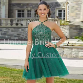 Зеленые коктейльные мини-платья с лямкой на шее, блестящее ТРАПЕЦИЕВИДНОЕ кружевное Тюлевое платье без рукавов, с аппликацией, модное романтичное короткое платье для встречи выпускников