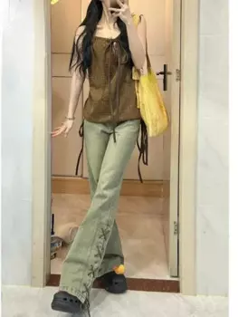 Зеленые прямые свободные джинсовые брюки с широкими штанинами, мешковатые брюки, уличная одежда в стиле Харадзюку, модные женские джинсы в стиле ретро с высокой талией Y2K