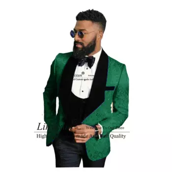 Зеленые жаккардовые смокинги для жениха, облегающие свадебные костюмы для мужчин, комплект из трех предметов: куртка, жилет и брюки, мужской костюм
