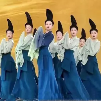 Зеленый китайский народный танцевальный костюм, традиционный Женский костюм народного танца ханьфу с рукавами-воланами, танцевальный костюм фаната