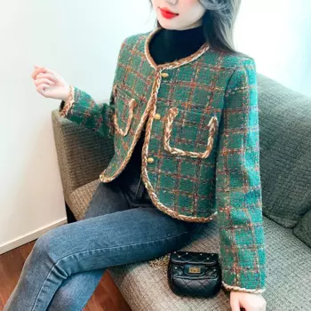 Зеленый клетчатый твидовый тканый шерстяной женский пиджак, осенне-зимний твидовый пиджак с круглым вырезом, элегантный офисный женский короткий костюм, топ